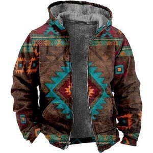 Men's Aztec Fleece Hoodie Full Zip Sherpa Lined Jacket Plus Size Winter Jacket